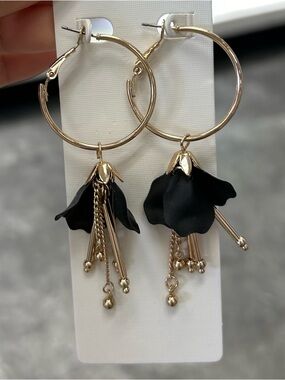 Gold Hoop Earrings with Black Flower Drop